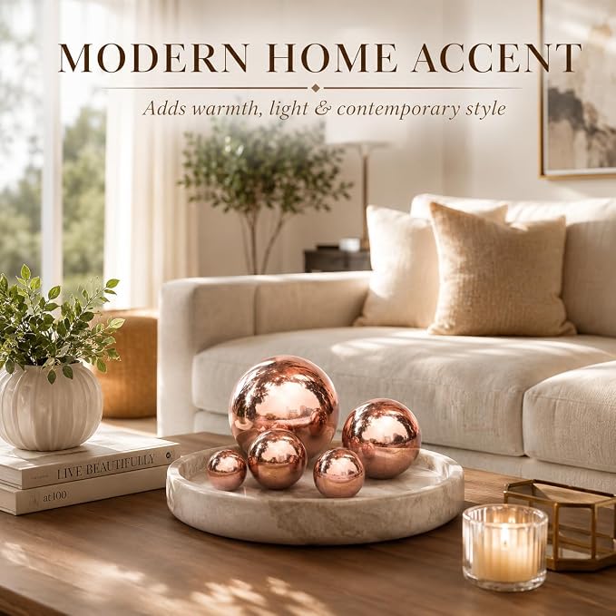 Nerien Gazing Ball, Stainless Steel Garden Mirror Globe, Polished Ornament Sphere, Hollow Floating Reflective Hemisphere, for Home Outdoor Pond Housewarming Swimming Pool Decoration, Rose Gold, 5Pcs