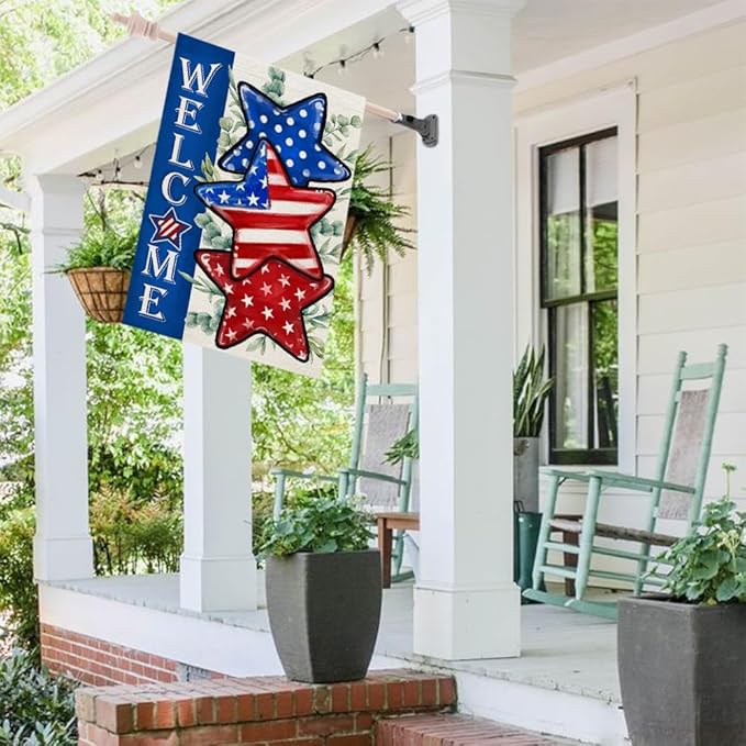 CROWNED BEAUTY 4th of July Patriotic Stars House Flag 28x40 Inch Double Sided Large Burlap for Outside Independence Day Welcome Yard Flag CF1526-40