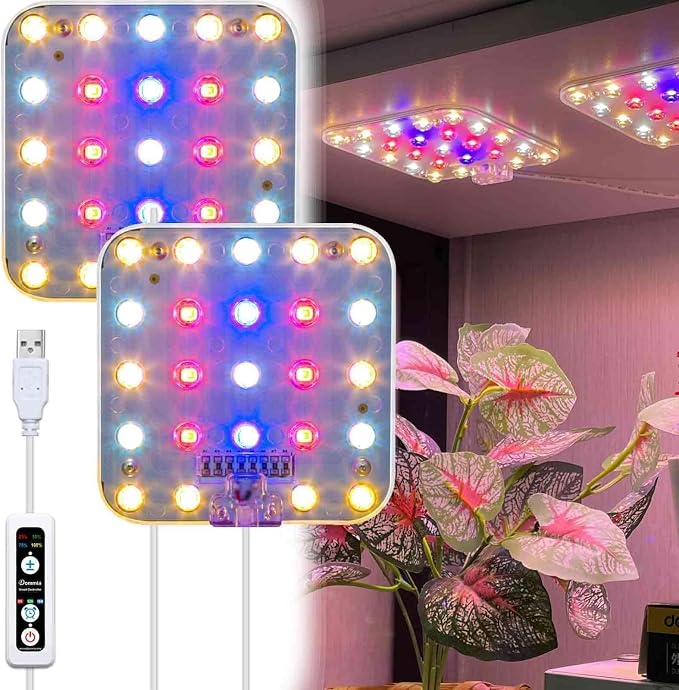 Full Spectrum LED Grow Light for Indoor Plants, 2 Panels 10W with 6/12/16h Timer Dimmable Plant Lights for Flower Veg Plant Growth USB, Pinkish White, 1-Pack