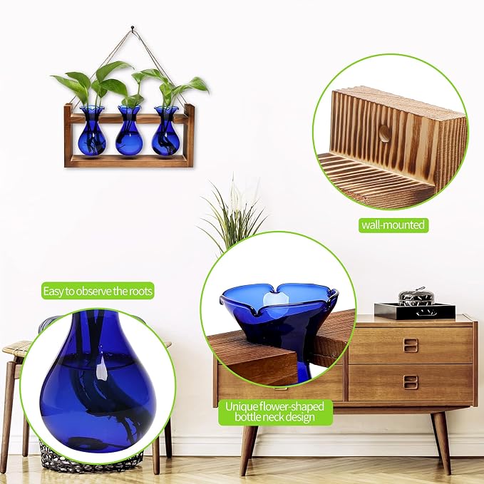 Plant Propagation Station Plant Terrarium Unique Birthday Gifts for Women Home Office Decor Planter with Wooden Stand - 3 Bulb Glass Vase