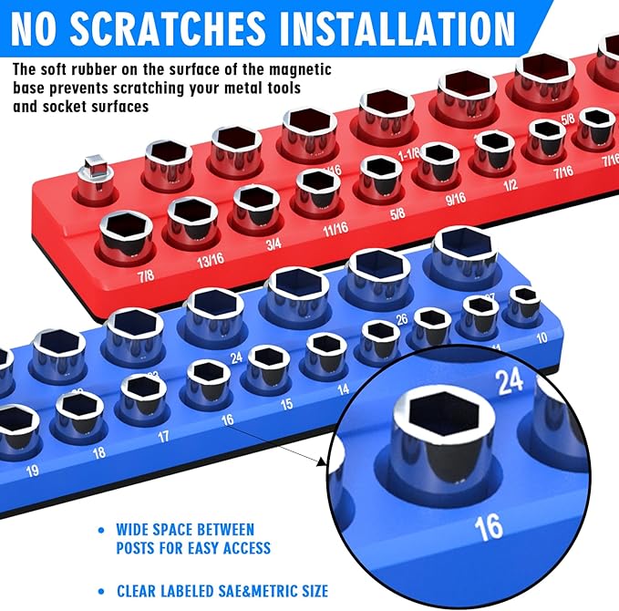 Magnetic Socket Organizer Set, 6-Piece Socket Holder Trays for 1/4" 3/8" 1/2" Drive, Holds up to 143 Sockets, Compatible with Metric and SAE Sizes (Blue & Red)