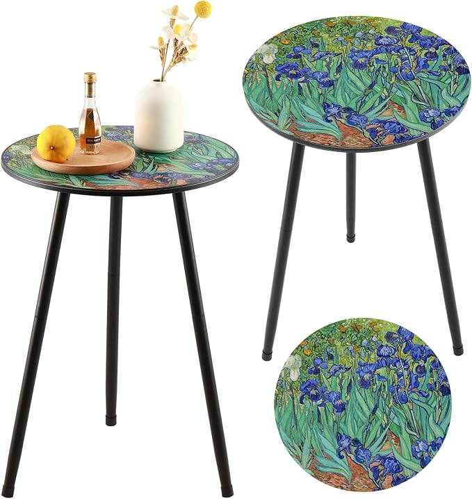 Party Zealot 2 Packs Metal Outdoor Side Table Irises Patio Side Tables for Outside Small End Tables Round Patio Coffee Table Plant Stand for Balcony, Indoor, Bedroom, Living Room, Small Space