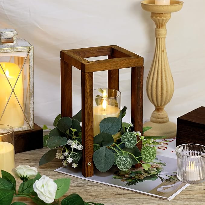 36 Pcs Wooden Lantern Centerpiece - Wedding Lantern with Eucalyptus Candles Wreaths LED Flameless Candles Rustic for Country Wedding Party Farmhouse Table Decor