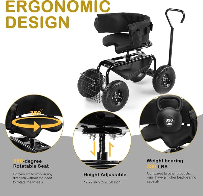 Black Garden Cart Garden Stool on Wheels - Rolling Gardening Seat, Swivel Seat, Rolling Garden Seat with Wheels, Outdoor Garden Cart, Gardening Stool Wagon Scooter, Lawn, Patio Gardening Workseat