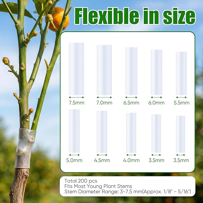 200 PCS Silicone Grafting Sleeves for Fruit Trees, High-Elastic Thin-Walled Grafting Tubes, Professional Plant Grafting Tape for Plants, Broken Stem, Floral, Random Size Combination of 3–7.5mm