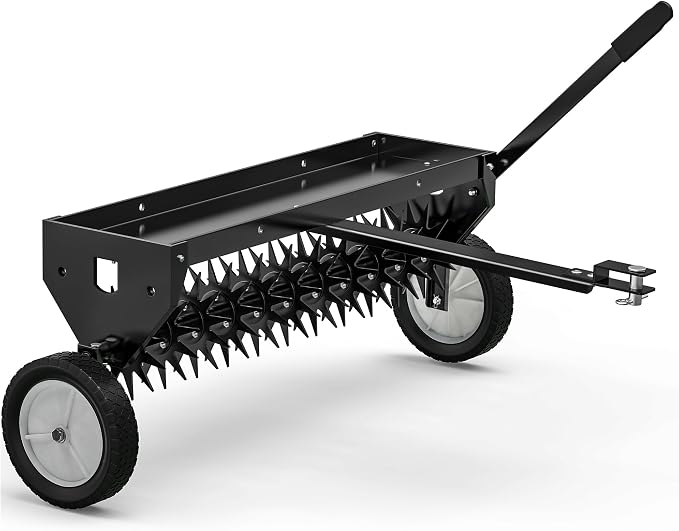 YITAMOTOR 40" Tow Behind Spike Aerator, Durable Lawn Aerator for Soil Penetrator with Transport Wheels & Galvanized Plug Coring Tines & Universal Hitch Tow Bar & Side Control Handle for ATV, Black