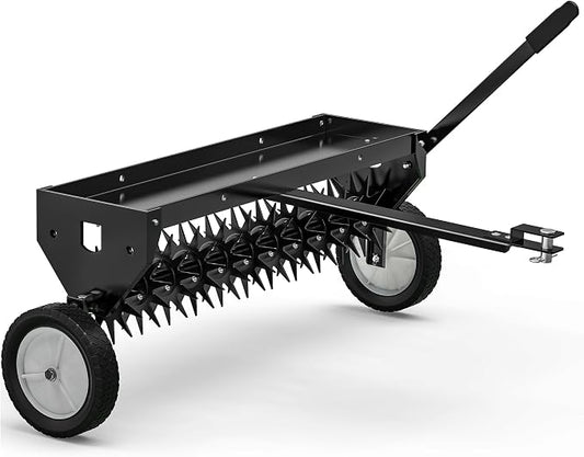YITAMOTOR 40" Tow Behind Spike Aerator, Durable Lawn Aerator for Soil Penetrator with Transport Wheels & Galvanized Plug Coring Tines & Universal Hitch Tow Bar & Side Control Handle for ATV, Black