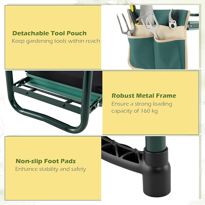 Goplus Foldable Garden Kneeler and Seat, 11" Wide 2-in-1 Gardening Bench, Detachable Thick EVA Foam Pad, 350 lbs Heavy-Duty Metal Frame, Tool Pouch, Portable Stool, Gardening Kit for Seniors (Green)