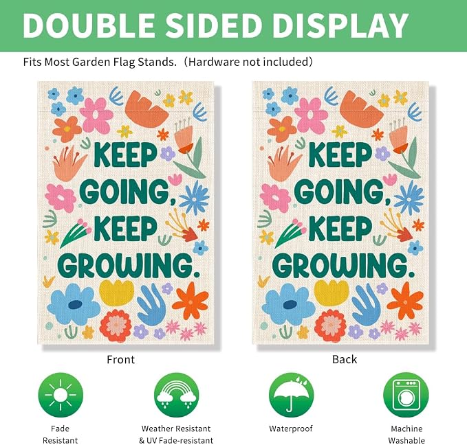 Perfectinsoy Keep Going Keep Growing Garden Flag for Outdoor, Positive Flowers Yard Banner, Community Welcome House Yard Home Holiday Farmhouse Patio Porch Lawn Decor, Floral Garden Flag Gifts