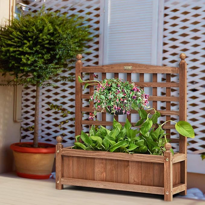 Giantex Wood Planter Free Standing Plant Raised Bed with Trellis for Garden or Yard (25’"Lx11 Wx30 H)