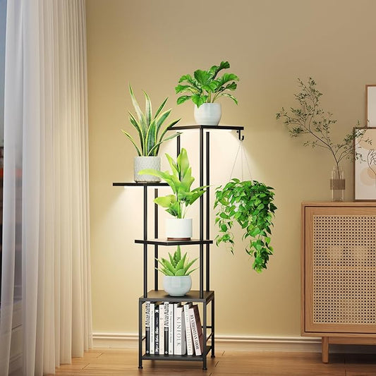 Homsorout Plant Stand Indoor with Grow Light - 5-Tier Metal Plant Shelf with Hanging Basket Hook, Corner Tall Flower Holder for Multiple Plants, Living Room Balcony Garden Patio, Black