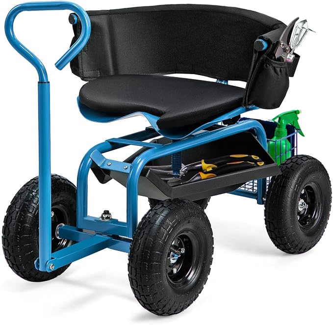 Byroce Rolling Garden Cart with Seat, Heavy Duty Wheelbarrow Utility Cart with Metal Frame, Swivel Seat, Tool Tray, Storage Basket & Adjustable Handle, Outdoor Garden Wagon Scooter for Yard (Blue)