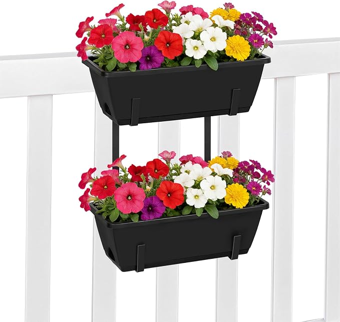 Railing Planter Boxes 2 Pack Window Boxes Planters with 2-Tier Adjustable Brackets, 17'’ Deck Railing Planter Boxes Vertical Balcony Hanging Flower Pots for Fence Rail Porch Garden Decor