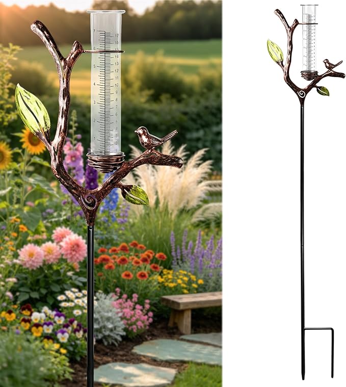 Deepfeel Branch Design Rain Gauge Outdoor – Decorative Rain Gauge for Garden Yard Patio, Easy-to-Read 7" Scale, Freeze Proof Plastic Tube with Metal Stake, Rain Gauges Outdoors Best Rated