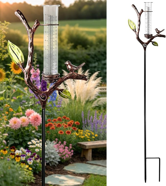 Deepfeel Branch Design Rain Gauge Outdoor – Decorative Rain Gauge for Garden Yard Patio, Easy-to-Read 7" Scale, Freeze Proof Plastic Tube with Metal Stake, Rain Gauges Outdoors Best Rated
