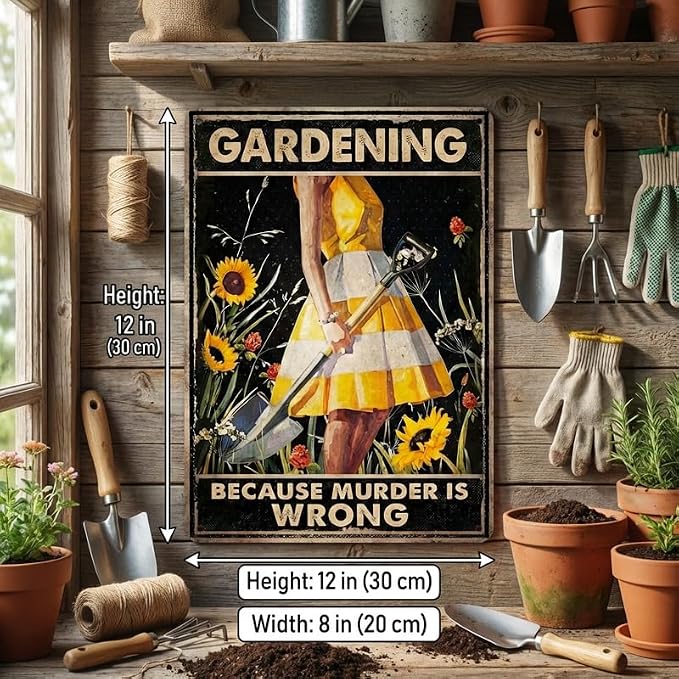 Funny Gardening Metal Sign, "Gardening Because Murder Is Wrong" Vintage Poster, 8x12 Inch Aluminum Garden Decor for Outside Yard Patio, Humorous Gift for Gardeners Women Mom