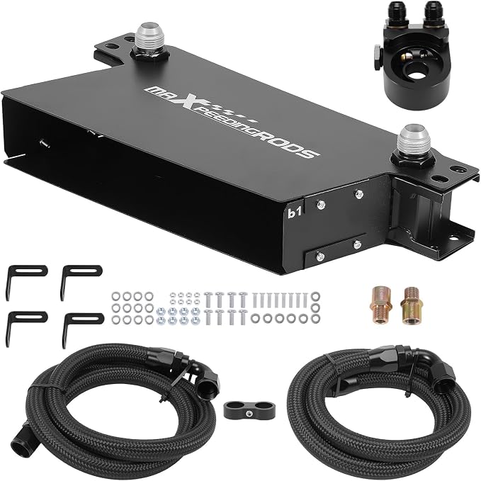maXpeedingrods 7 Row Engine Oil Cooler Kit, 10AN Transmission Engine Cooler British Radiator Universal Aluminium Black, Thermostatic Oil Filter Sandwich Adapter, Air Guide Kit and Oil Cooler Hoses