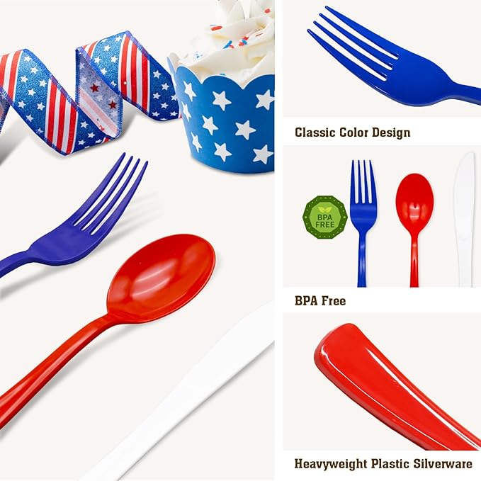 60 Pcs Red White and Blue Plastic Forks, 4th of july Plastic Forks, Heavy Duty Disposable Plastic Cutlery Set for Memorial Day, Election Day, 4th of July Independence Day, Veterans Day Decorations