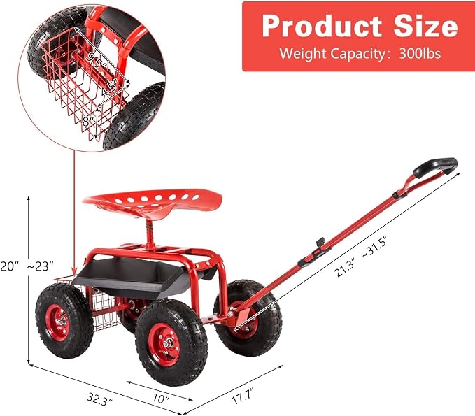 Adjustable Garden Cart, Red, 360 Degree Swivel Seat, Durable Steel Frame, Waterproof, Adjustable Handle, Tool Tray, Mobility