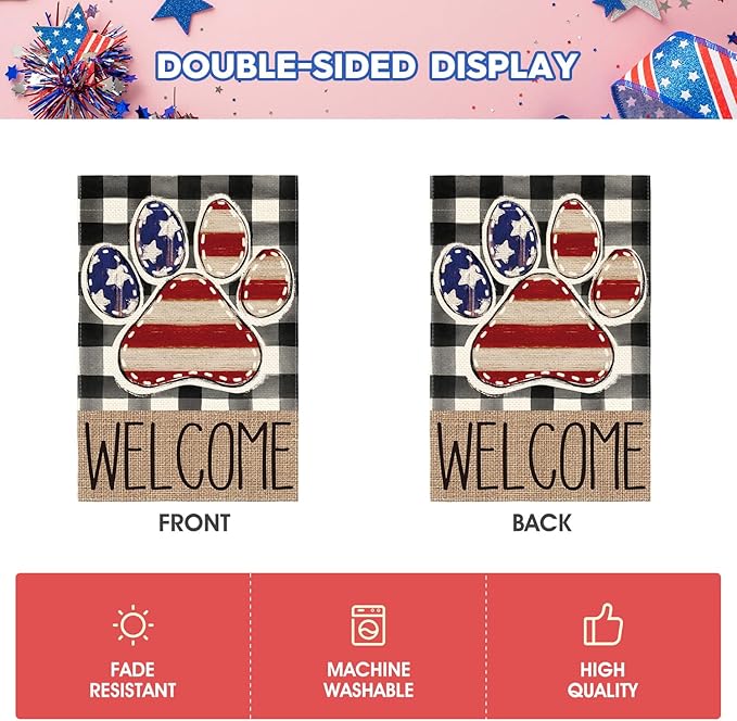 AVOIN colorlife American Flag Paw Print Patriotic 4th of July Garden Flag 12x18 Inch Double Sided Outside, Welcome Buffalo Plaid Yard Outdoor Decoration