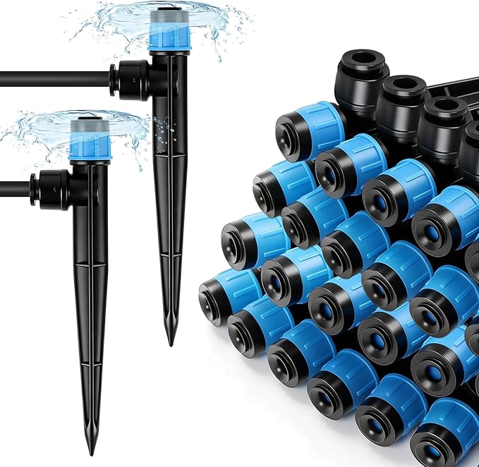 30 Pack Quick Connect 1/4 Inch Drip Irrigation Emitters Fittings, 1/4'' Dripline Push-to-Fit Irrigation Vortex Emitters Adjustable 360 Degree Emitter with Stake for Garden Sprinkler Systems