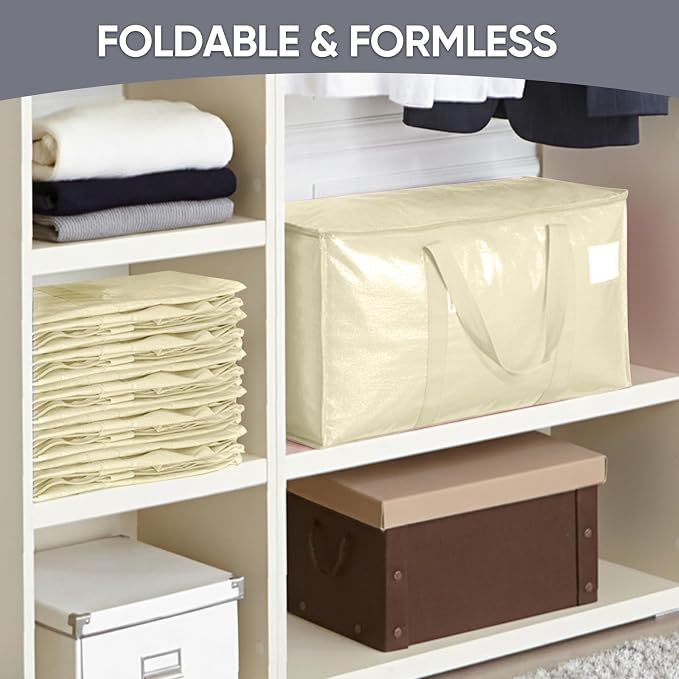 TICONN 2 Pack Extra Large Moving Bags Heavy Duty with Zippers & Carrying Handles, Durable Storage Bags Moving Boxes for Closet Organizers and Storage (2 Pack, Cream)