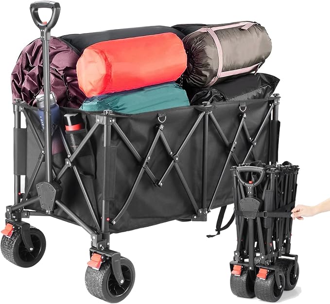 novelinks Foldable Utility Cart, Heavy Duty Collapsible Garden/Beach Wagon Supporting 440lbs, Outdoor Grocery Wagon with Brakes and Pocket, Sports Camping Shopping (Extra Large 260L)