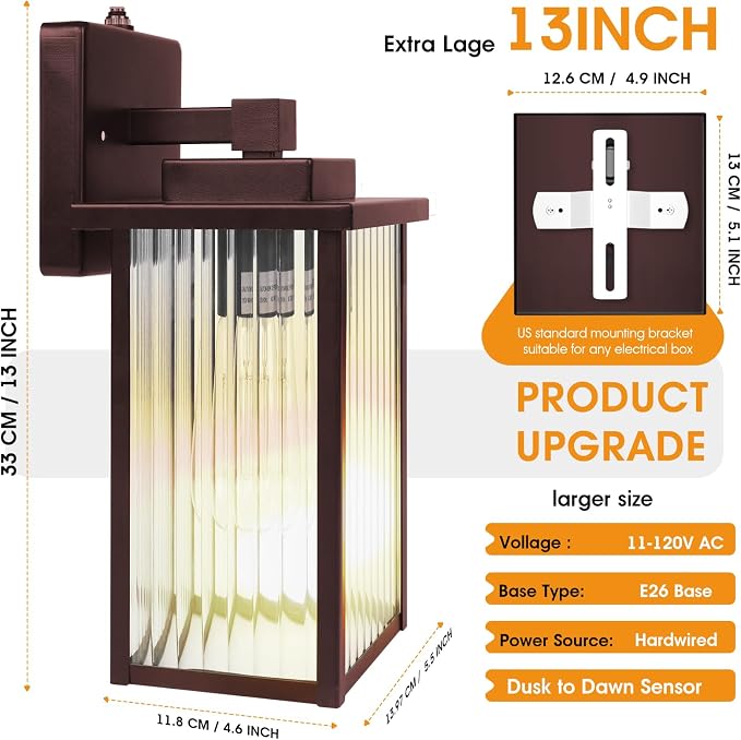 2 Pack of 13 Inch Oil-Rubbed Bronze Outdoor Wall Lights, Dusk to Dawn Exterior Light Fixture, IP65 Waterproof Rust-Resistant Metal & Textured Glass Wall Mount Sconce for Porch Garage Entryway