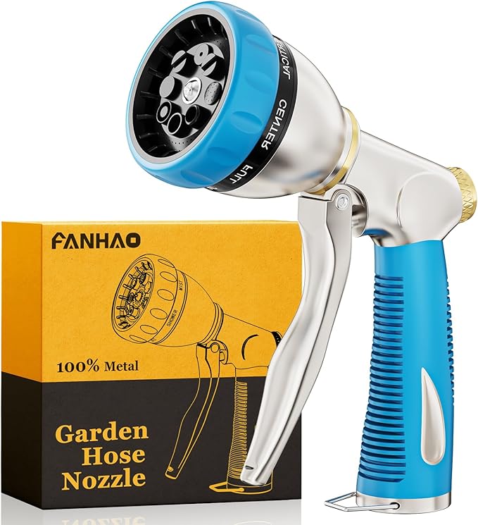 FANHAO Heavy Duty Garden Hose Nozzle, 100% Metal Water Nozzle with 8 Spray Patterns, High Pressure Hose Sprayer with Non-Slip Grip for Plants Watering, Cars Washing & Pets Bathing