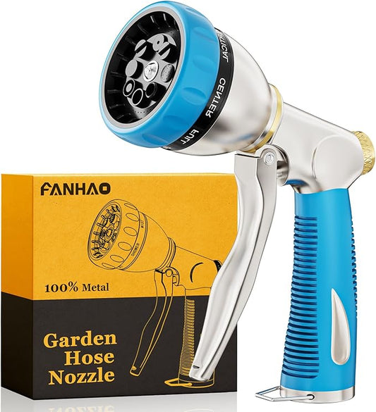 FANHAO Heavy Duty Garden Hose Nozzle, 100% Metal Water Nozzle with 8 Spray Patterns, High Pressure Hose Sprayer with Non-Slip Grip for Plants Watering, Cars Washing & Pets Bathing