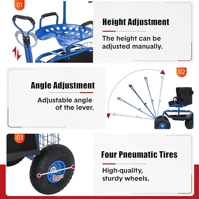 Rolling Garden Work Seat with Wheels, 300lbs Heavy Duty Garden Cart, 360° Swivel Adjustable Height Rolling Stool, Extendable Handle, Storage Basket & Tray for Gardening, Lawn Care, Adults & Seniors
