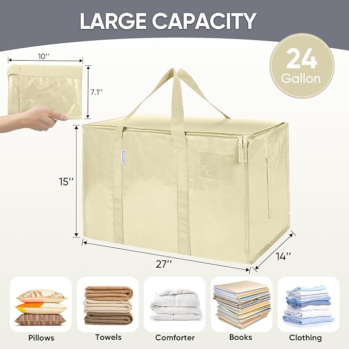 TICONN 2 Pack Extra Large Moving Bags Heavy Duty with Zippers & Carrying Handles, Durable Storage Bags Moving Boxes for Closet Organizers and Storage (2 Pack, Cream)