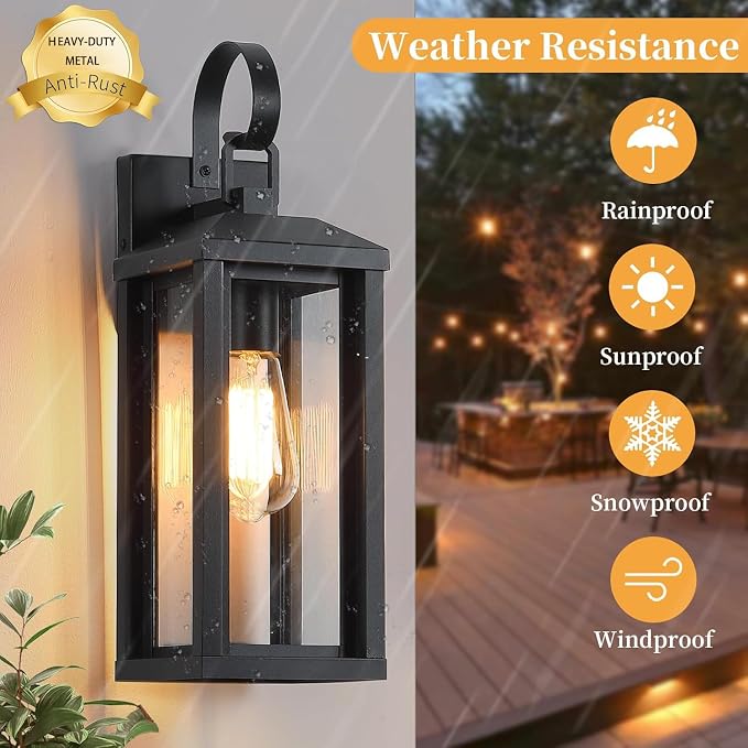 Large Outdoor Wall Light Fixtures 2-Pack, Anti-Rust Porch Lights with Clear Glass, 17" Modern Farmhouse Black Exterior Lighting Fixtures, Waterproof Outside Sconce Coach Lights for Garage House