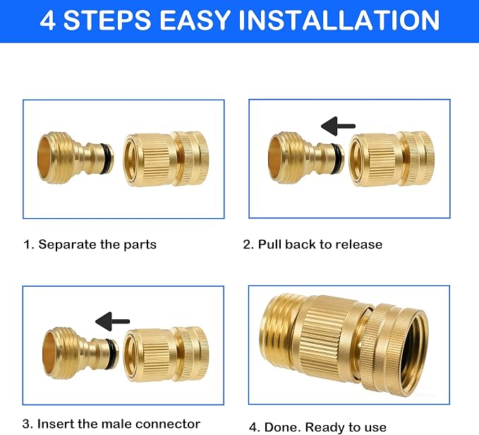 Hourleey Garden Hose Quick Connector, Solid Brass 3/4 Inch GHT Thread Garden Quick Connect Kit, Male and Female No-Leak Water Hose Fittings (6 Set)