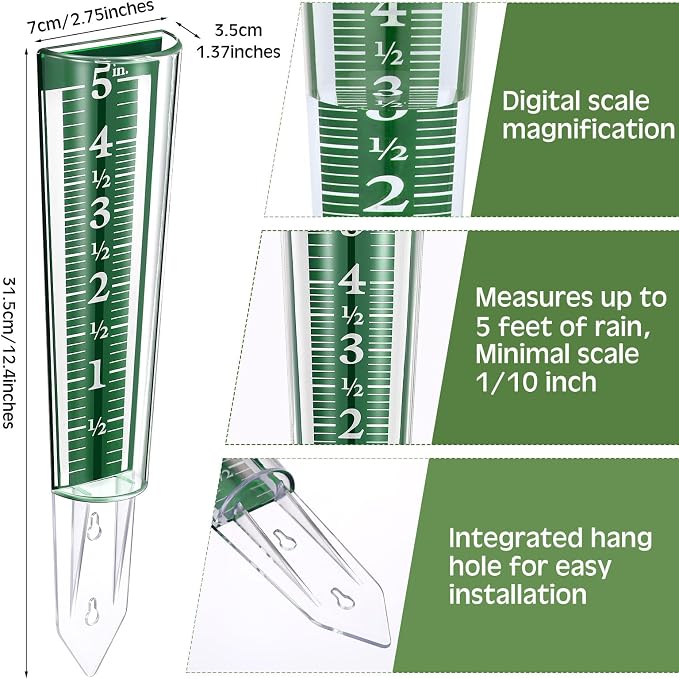Yexiya 4 Pcs 5 Inch Capacity Rain Gauge Outdoor Easy to Read Acrylic Rain Gauges Measure and Monitor Precipitation Magnifying Scale and Numbers for Garden Yard Field Lawn (Green)