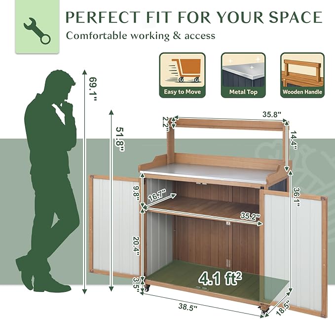 Outdoor Storage Cabinet with 4 Wheels and Handle, Metal & Wood Potting Bench Storage Cabinets with Waterproof Top, Removable Shelf, Potting Table & Workstation for Garden, Patio, Balcony, Garage