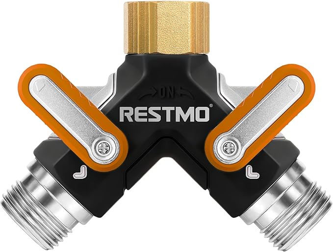 RESTMO 2 Way Garden Hose Splitter Heavy Duty Full Metal Body, Full Flow Design with Oversized Ball Valve, Y Outdoor Faucet Spigot Adapter with Extended Levers, 3/4" GHT Thread - Orange 1 Pack