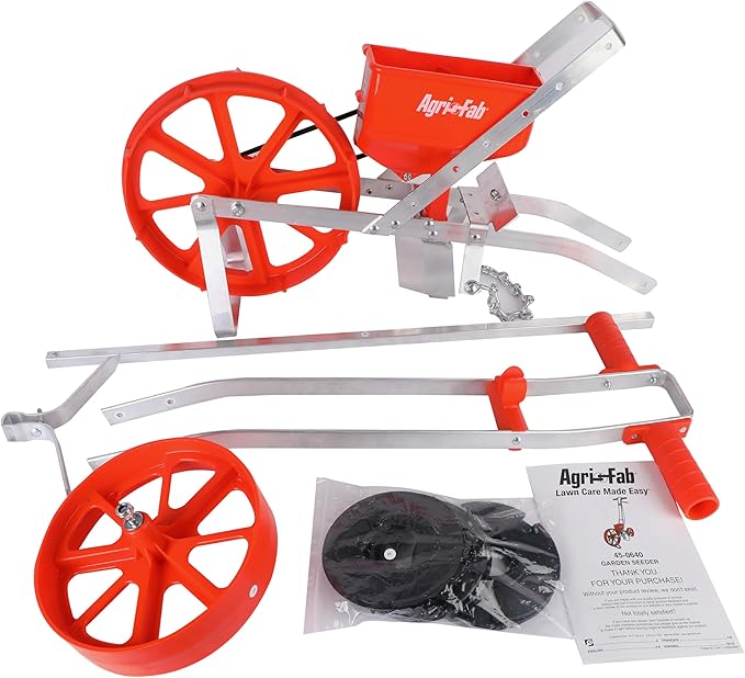 Agri-Fab Push Garden Seeder Planter with 7 Interchangeable Seed Plates, 3 lb Capacity Hopper and Adjustable Row Marker, Orange