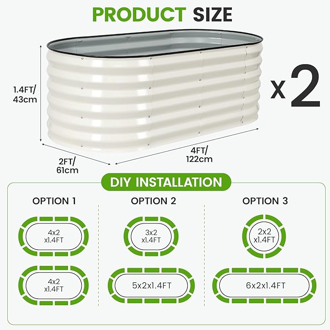Galvanized Raised Garden Bed Outdoor |17'' Tall Planter Box Outdoor for Deep Root Plants | 2Pcs Raised Bed Kit for Gardening with Rubber Strip for Vegetables Flowers Fruits (White, 4x2x1.4FT)