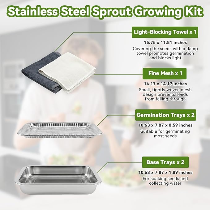 2-Pack Stainless Steel Seed Sprouting Tray Kit, Soil-Free Microgreens Growing Kit with Towel & Gauze, Sprouting Trays for Microgreens Beans Alfalfa Broccoli Wheat Grass (10.6" x 7.8")