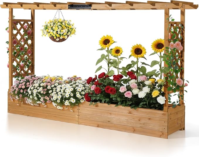 Outvita 45" Raised Garden Bed with Trellis, Wood Planter Box with Hanging Roof, Side Trellis and Drainage Holes, Above Ground Elevated Garden Bed for Outdoor Climbing Plants Vegetables(Teak Color)