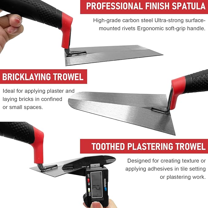 Bricklaying Trowel 4pcs/Set, Trowel Masonry Hand Tool, Flat Margin Trowel, Pointing Trowel, Gauging Trowel, Professional Masonry Flooring Tool for Concret (Black-E Set)