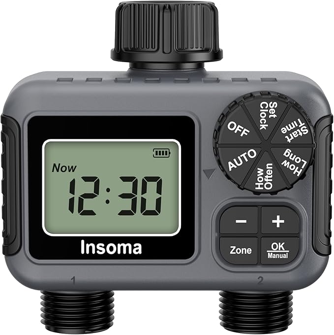 Insoma 2-Zone Sprinkler Timer, Programmable Garden Hose Timer with Auto/Manual/Rain Delay Modes | Water-Saving Irrigation Controller for Lawn, Yard & Drip Systems | Waterproof Design & Easy Setup