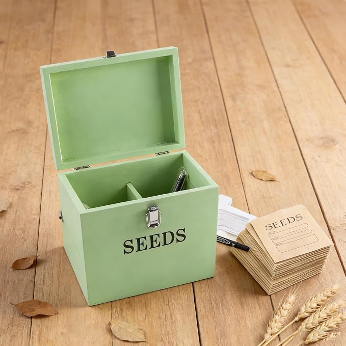 Seed Storage Organizer with 2 Dividers,Wooden Seed Saving Box with Lid, Seeds Bin Storage Container Kit with 2 Pens,20 Plant Labels and 50 Seeds Envelopes, Perfect for Flower Plants Garden