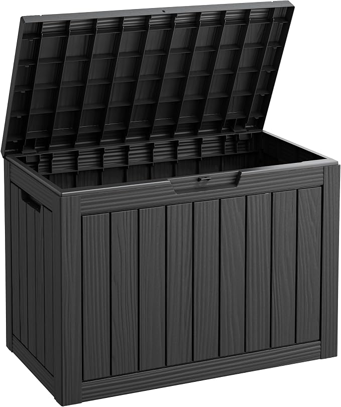 Fancyango 45 Gallon Outdoor Deck Box Waterproof, Storage Box for Patio, Resin Storage Bench Lockable for Garden Tools, Package Delivery, Black
