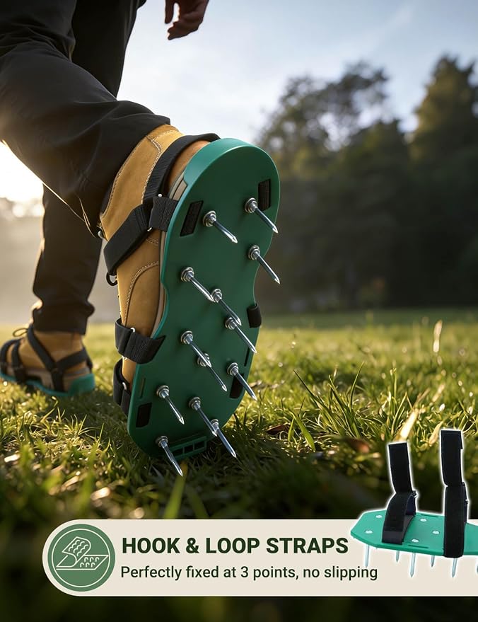 Lawn Aerator Shoes for Grass, Pre-Assembled Heavy Duty Aerator Lawn Tool with Hook and Loop Straps, One Size Fits All Spiked Shoes for Effectively Aerating Yard Garden Lawn Patio Soil, No Installation