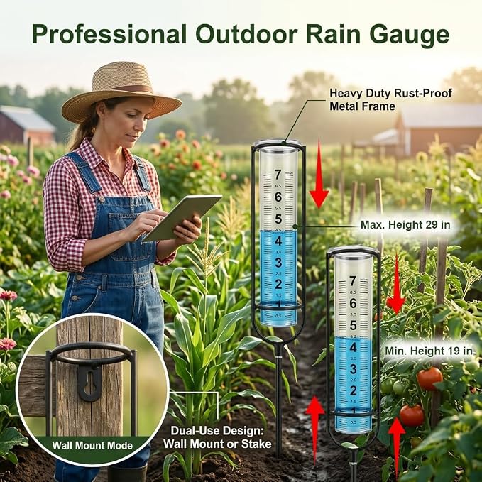 Rain Gauge Outdoor, 7 Inch Freeze Proof Rain Gauges for Yard, Large Clear Numbers Plastic Rain Measure Gauge with Metal Stake, Decorative Water Gauge for Garden Lawn Patio