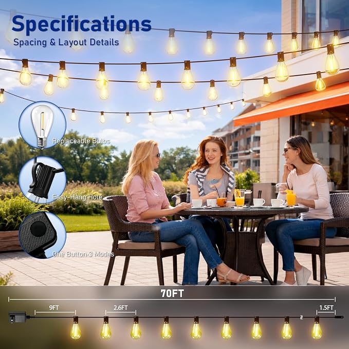 70FT LED Outdoor String Lights with Remote, One Continuous Strand Patio Lights with 24+1 Shatterproof S11 Bulbs, Dimmable 2700K Warm White, Timer & 3 Modes, Low Voltage for Backyard Garden