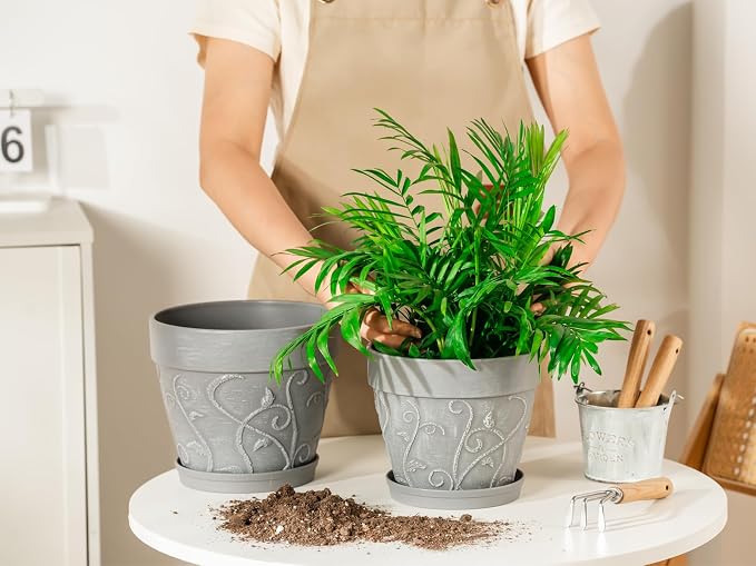 Melphoe Plant Pots Indoor with Drainage & Saucer, 2Pack 7/8 inch Flower Pots Outdoor Planters for Indoor Plants Garden Home Decor Cactus Succulent, Rigid Plastic (Imitation-Terracotta) Vine-Embossed