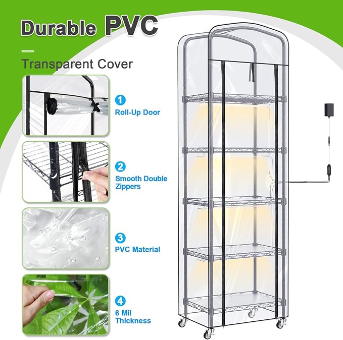 5-Tier Mini Greenhouse with Grow Light, Shelf Height Adjustable Metal Plant Shelf with PVC Cover and Wheels, Includes 4-Pack Full Spectrum Plant Lights, 11x16x57inch